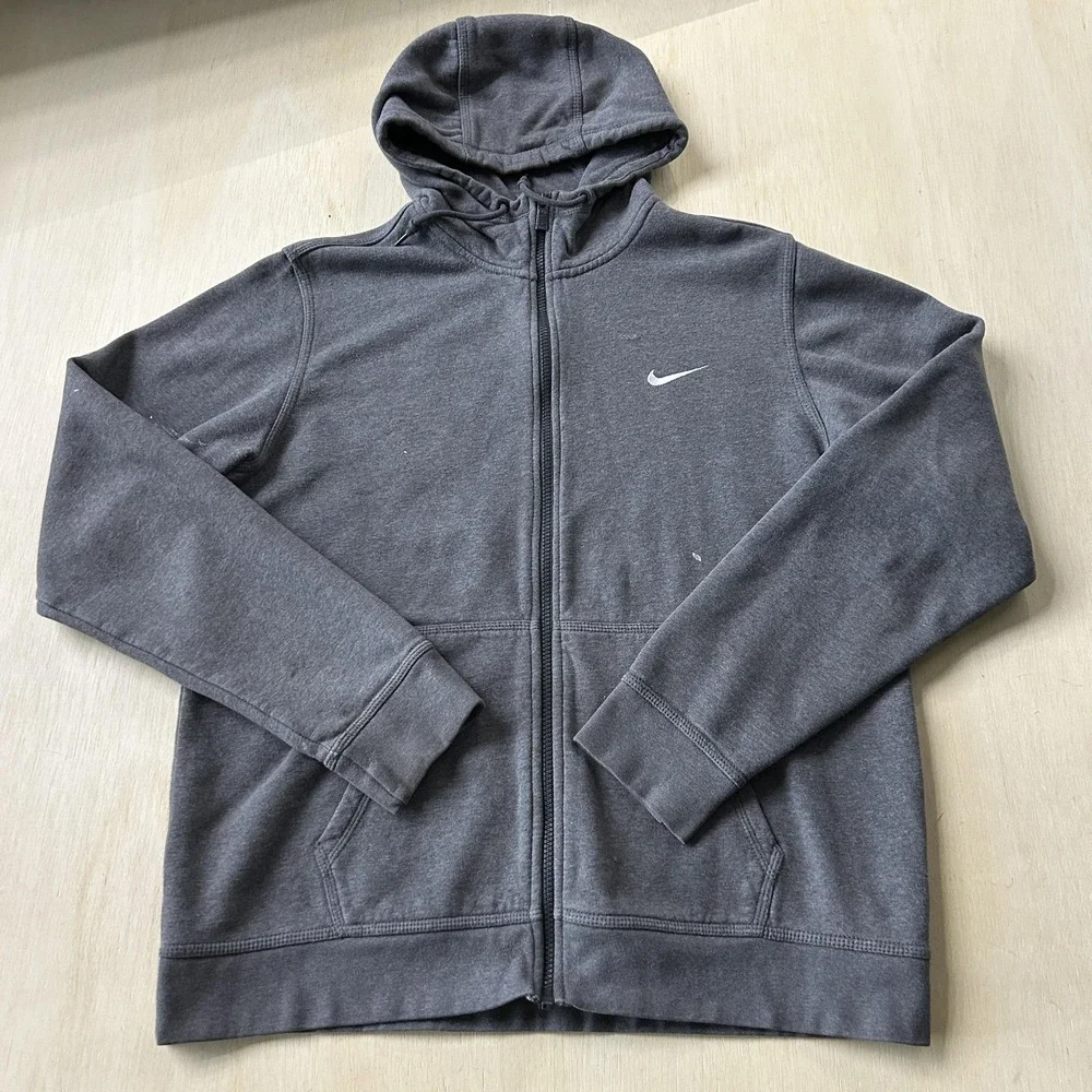 Y2K Nike Hoodie Mens Large Gray Fleece Full Zip Swoosh Logo Sweatshirt Athletic